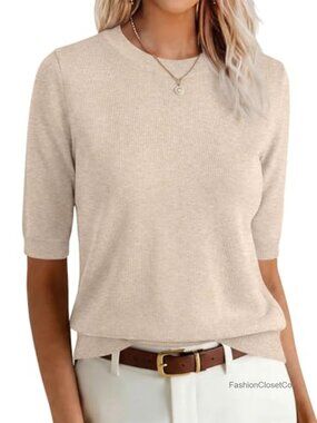Short Sleeve Wool Blend Crewneck Sweater Business Casual Knit Top